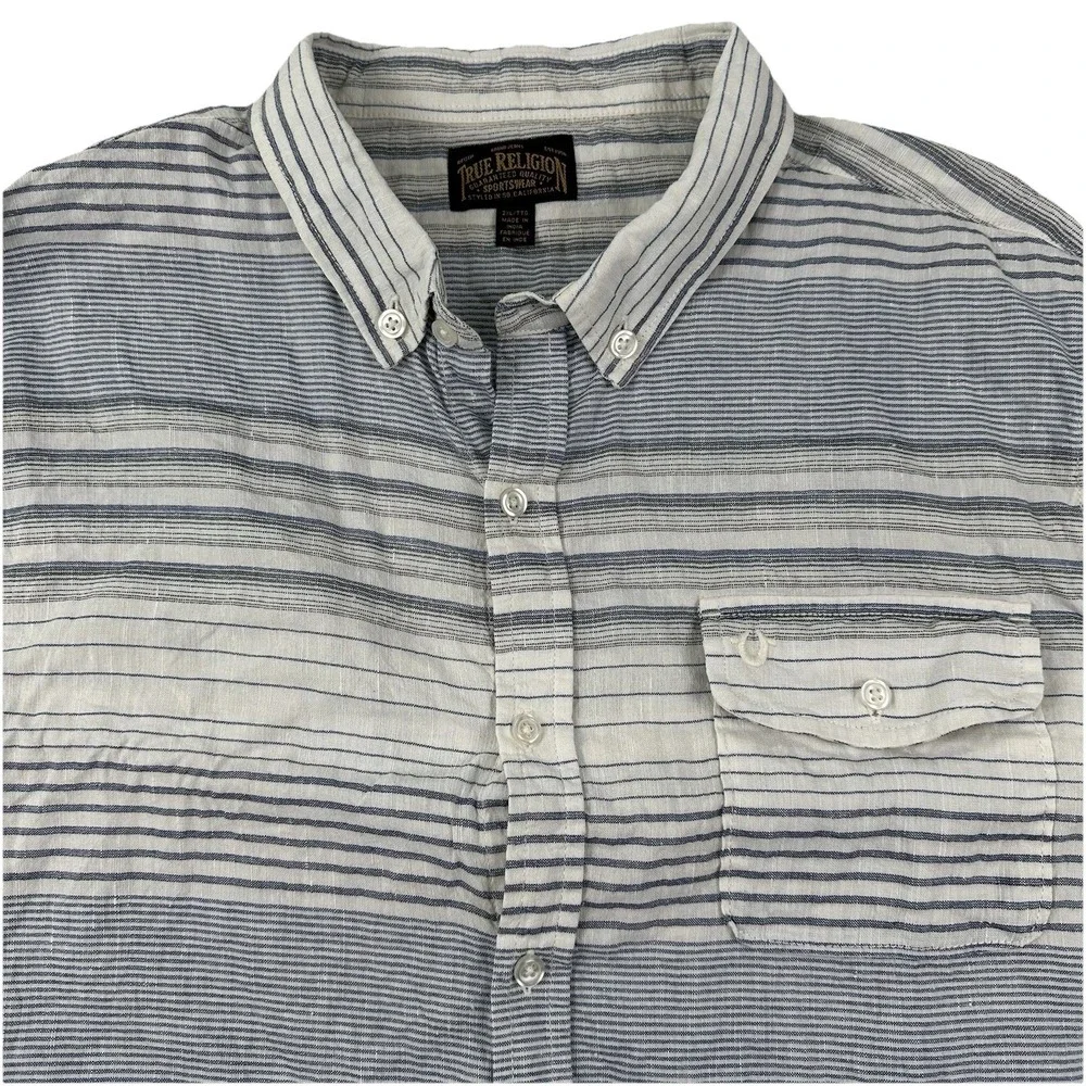 True Religion Men's Linen Cotton Shirt XXL White Blue Striped 2XL Long Sleeve‎